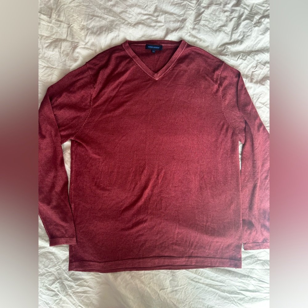 Patrick Assaraf Red Lightweight V-Neck Knit Sweater Long Sleeve Merino Wool  XXL